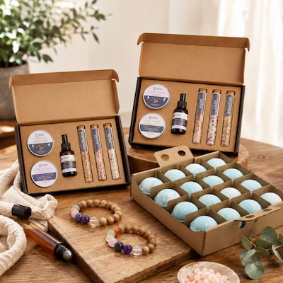 Premium Geschenkideen-Kollektion mit Serenity Essential Self Care Kit, Mindful Moments Self Care Kit, Cedarwood Chakra-Armbändern und Five for Him Bath Bomb auf warmem Holztisch