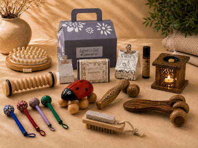 Premium WoodenLandia Wellness-Kollektion mit Agnes+Cat Geschenkset, Massage-Rollern aus Holz, Marienkäfer-Massager, Aromabrenner und Self-Care-Zubehör