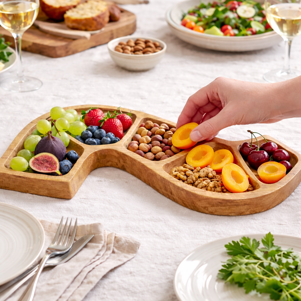 Wooden wavy serving tray with divided sections | WoodenLandia