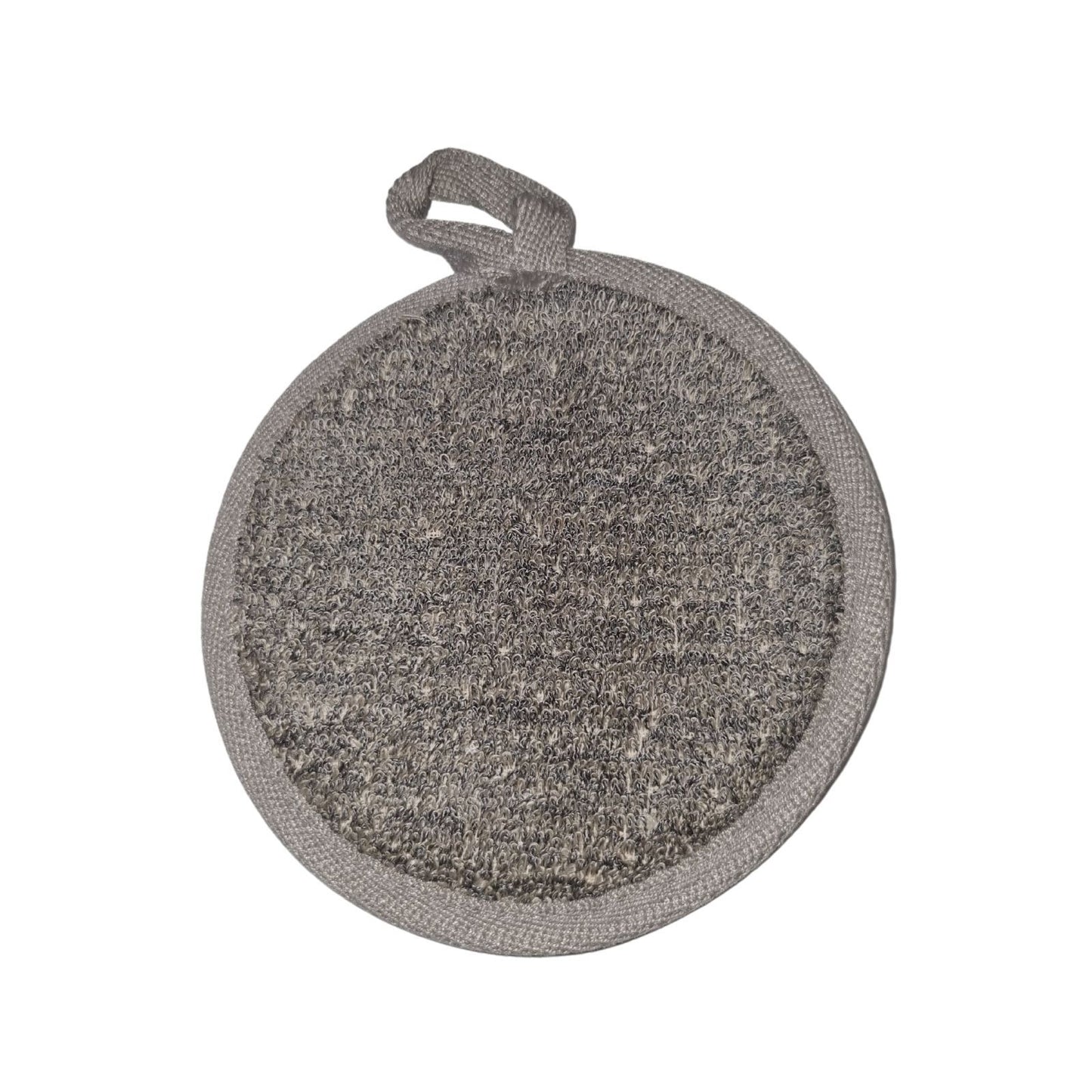 Round bamboo and linen bath pad in charcoal – natural exfoliating pad with elastic hand strap and hanging loop | WoodenLandia