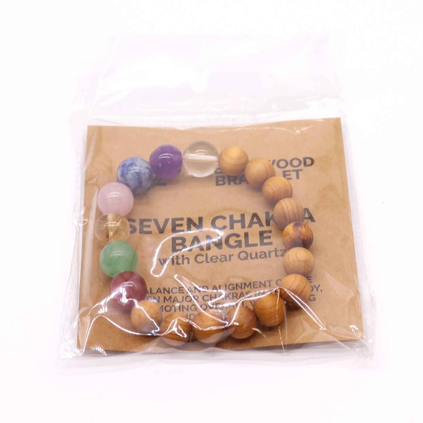 Cedarwood and seven chakra bead bangle with natural wood and multicolored stone beads | WoodenLandia