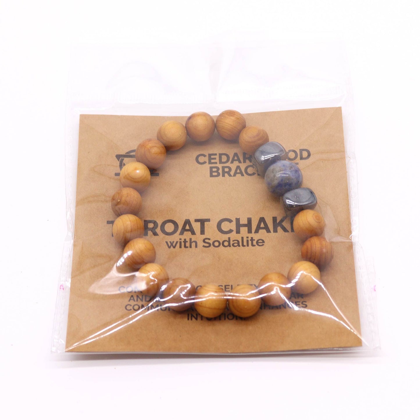 Cedarwood bead bracelet with sodalite gemstone and dark accent beads for Throat Chakra design