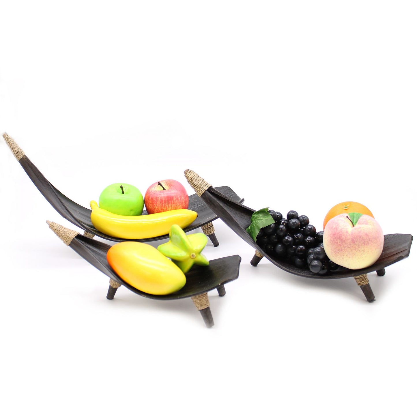 Set of three chocolate-finish coconut leaf fruit bowls with curved design | WoodenLandia