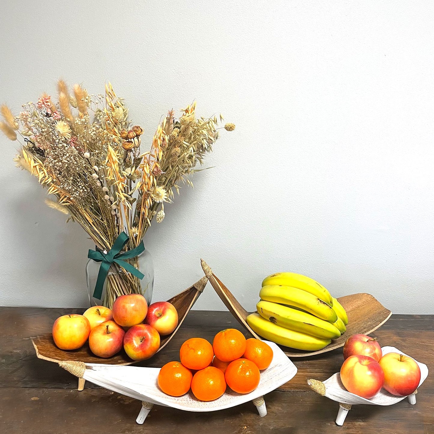 Whitewashed coconut leaf fruit bowl set with three curved bowls | WoodenLandia
