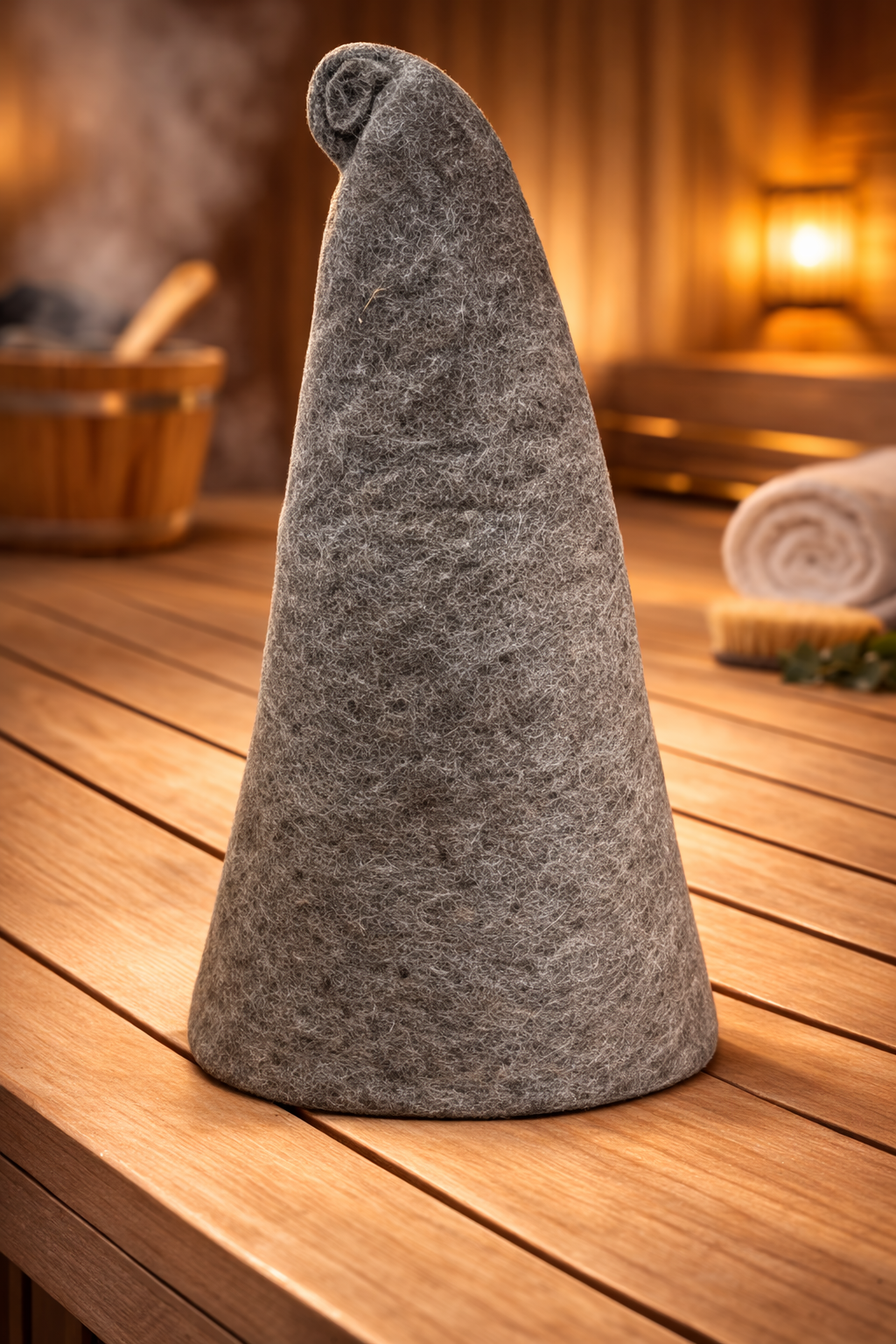 Natural brown felted sauna wizard hat made from wool felt | WoodenLandia