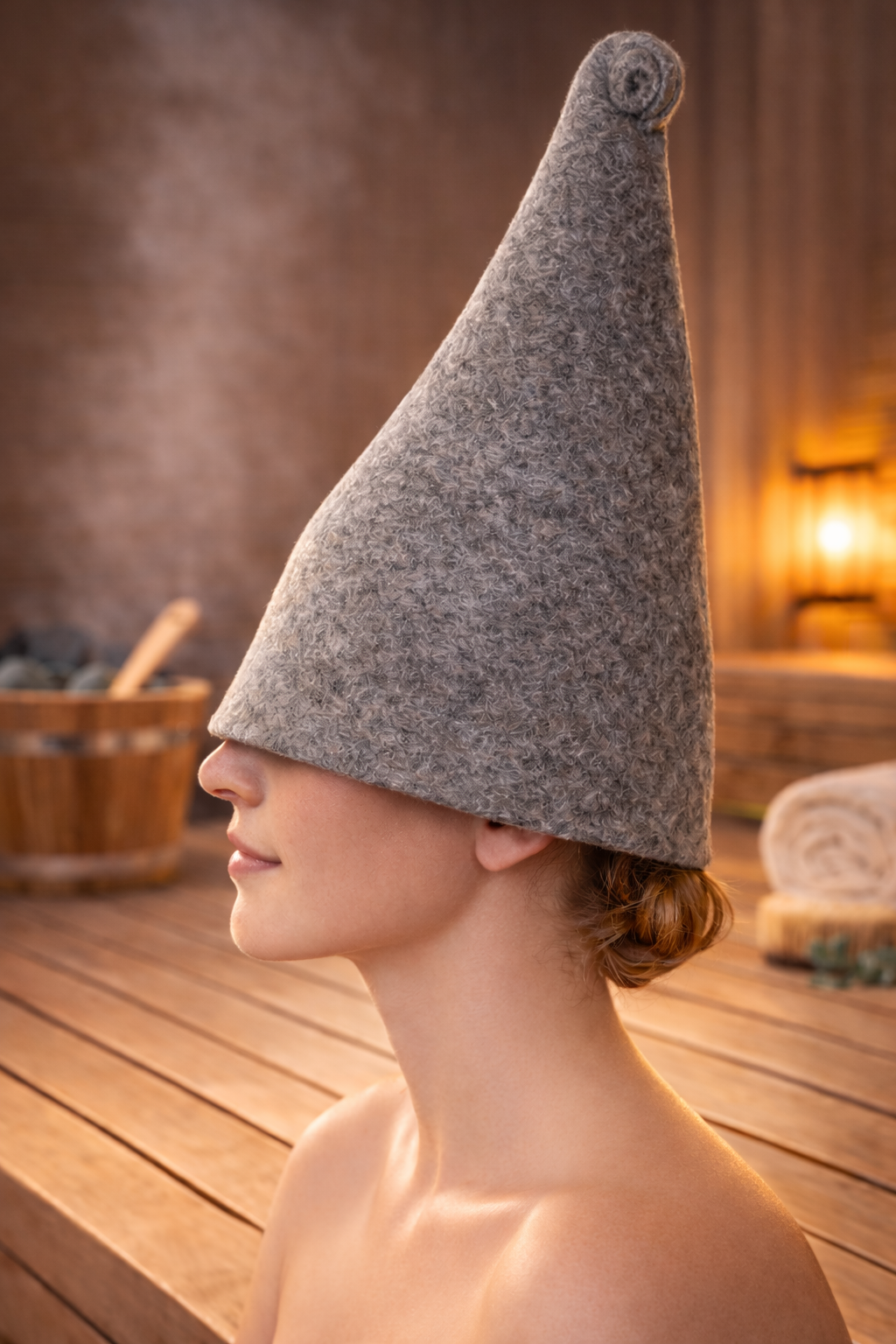 Natural brown felted sauna wizard hat made from wool felt | WoodenLandia