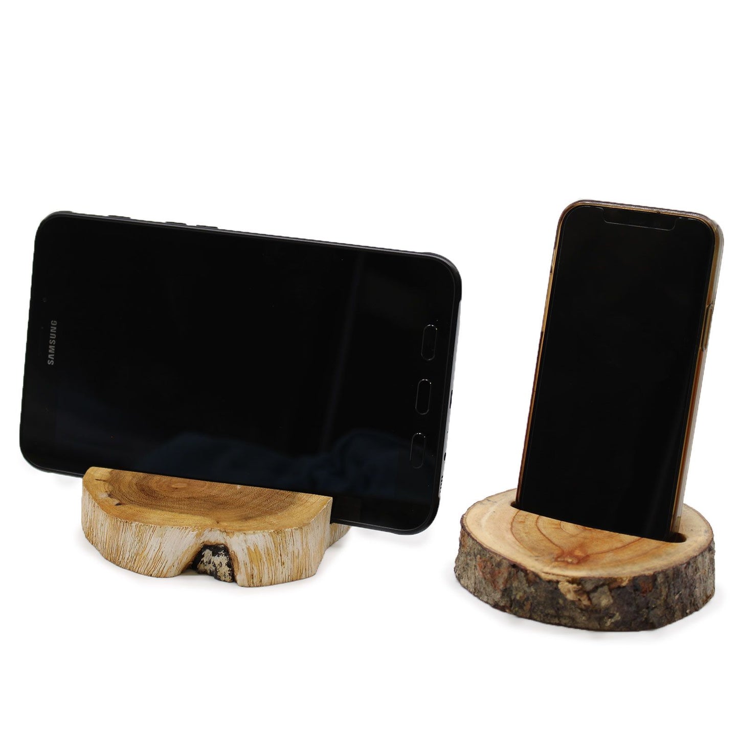 Large Gamal wood phone holder in whitewash finish – natural wood slice with live edges and central slot for smartphone | WoodenLandia