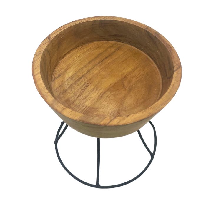 Mango wood bowl on black metal stand with natural wood grain | WoodenLandia