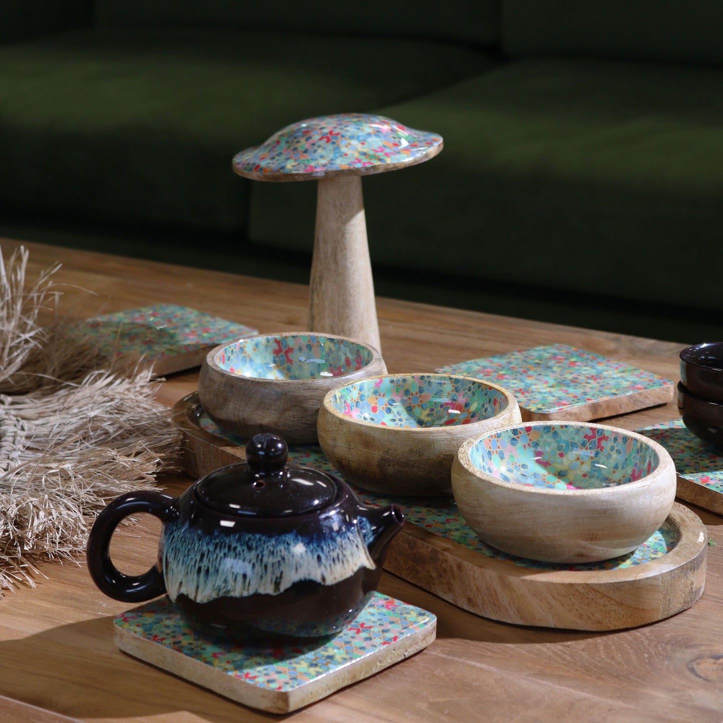 Mango wood tray with three decorative bowls featuring a colorful Mediterranean-style speckled pattern | WoodenLandia