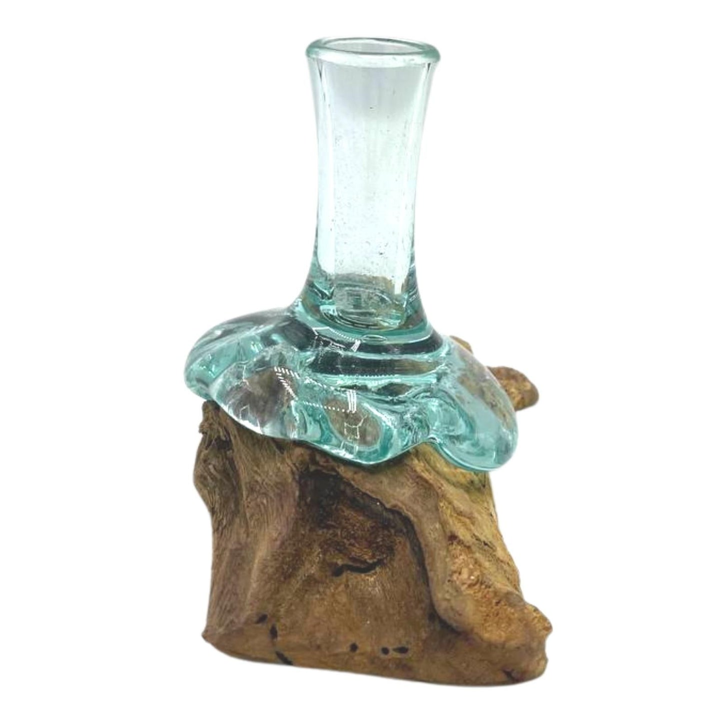 Molten glass small flower vase formed over natural Gamal wood base | WoodenLandia