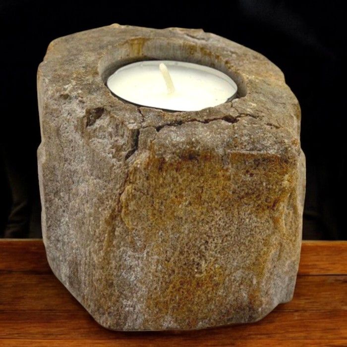 Low petrified wood candle holder with one tealight candle