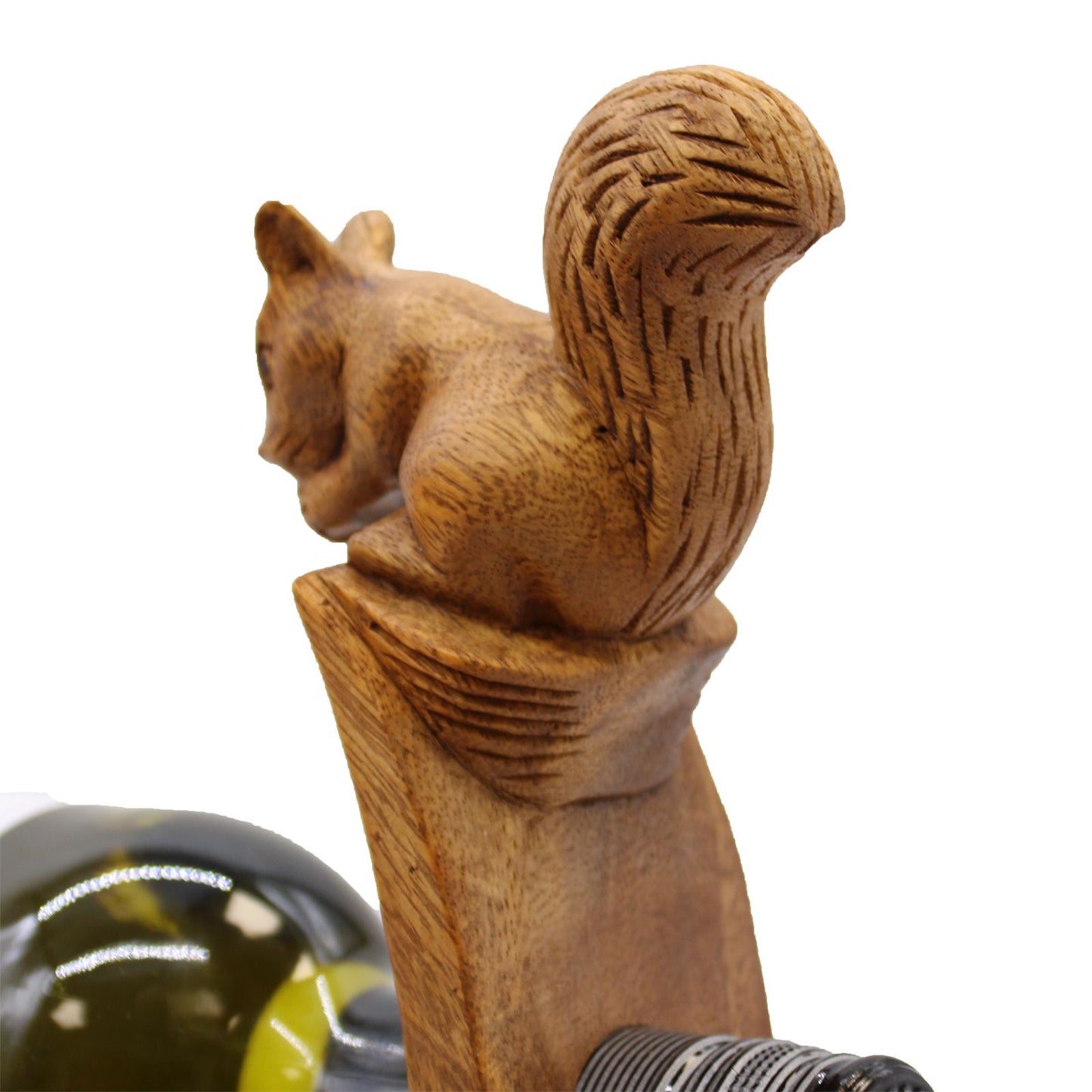 Suar wood balance wine holder with carved squirrel holding a wine bottle | WoodenLandia
