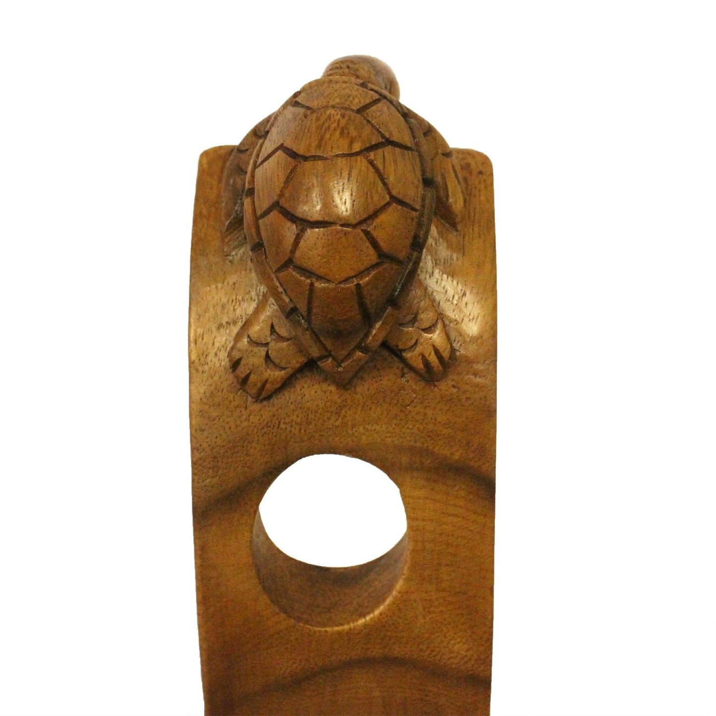Suar wood balance wine holder with turtle design holding a wine bottle | WoodenLandia