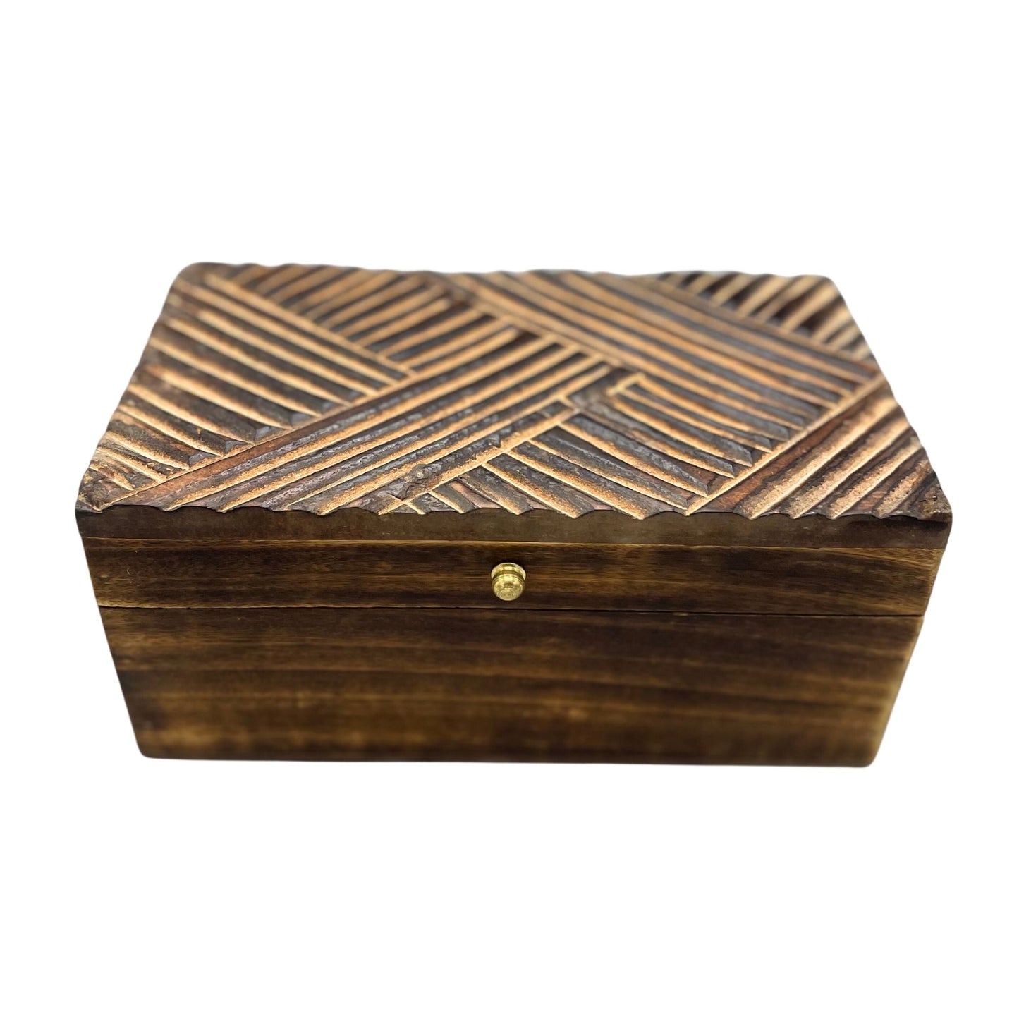 Dark wood vintage deco box with carved antique lines lid and brass clasp – handcrafted wooden keepsake box 22x12x10cm | WoodenLandia