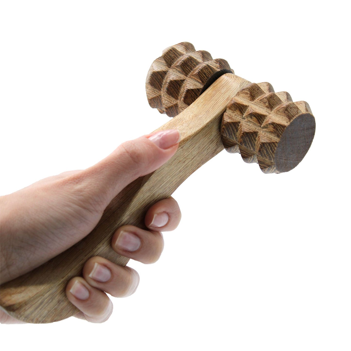 Wooden massage roller with curved handle and round head | WoodenLandia