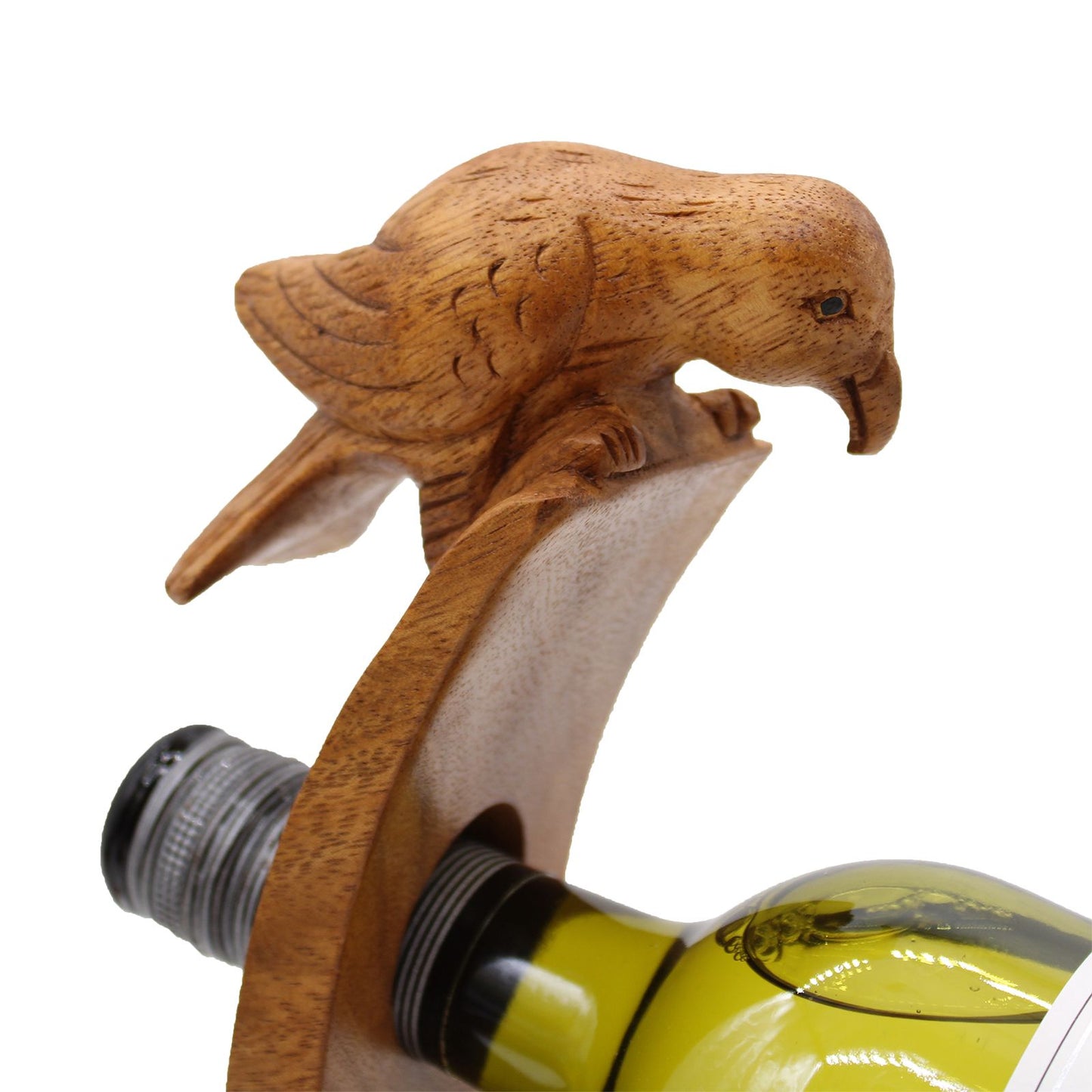 Handcrafted wooden wine bottle holder with a carved bird design holding a wine bottle | WoodenLandia