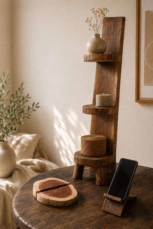 Natural teak log shelf display with ceramic vase and candle, wooden phone holder and tree slice stand on a rustic table – WoodenLandia wooden organizers
