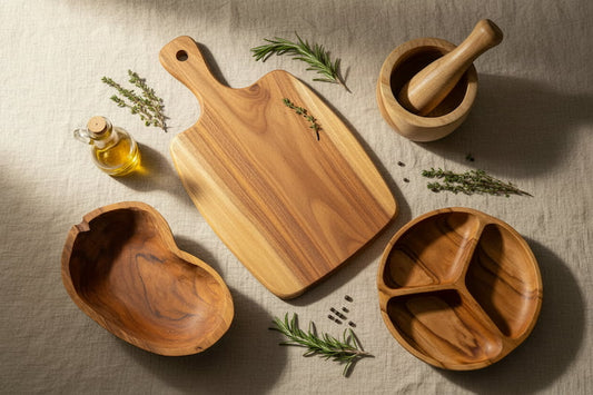 Handcrafted teak wooden kitchen products — cutting board, pestle and mortar, serving bowl and divided bowl — care guide by WoodenLandia