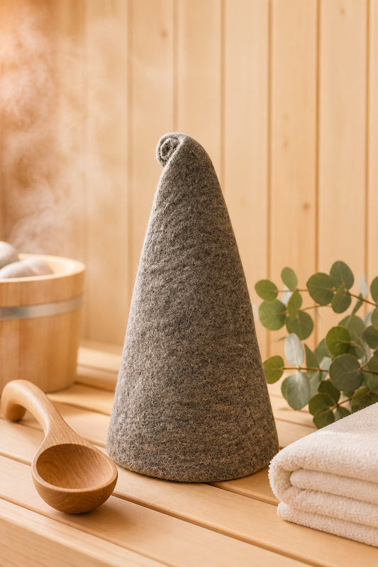 Natural wool sauna hats and bamboo bath accessories by WoodenLandia – premium sauna essentials on dark wood background