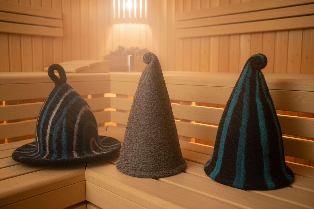 Three handmade felted wool sauna hats on a wooden bench in a traditional Finnish sauna
