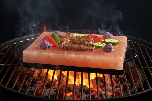 Himalayan salt cooking plate on black metal tray with handles, grilling meat and vegetables over hot BBQ coals