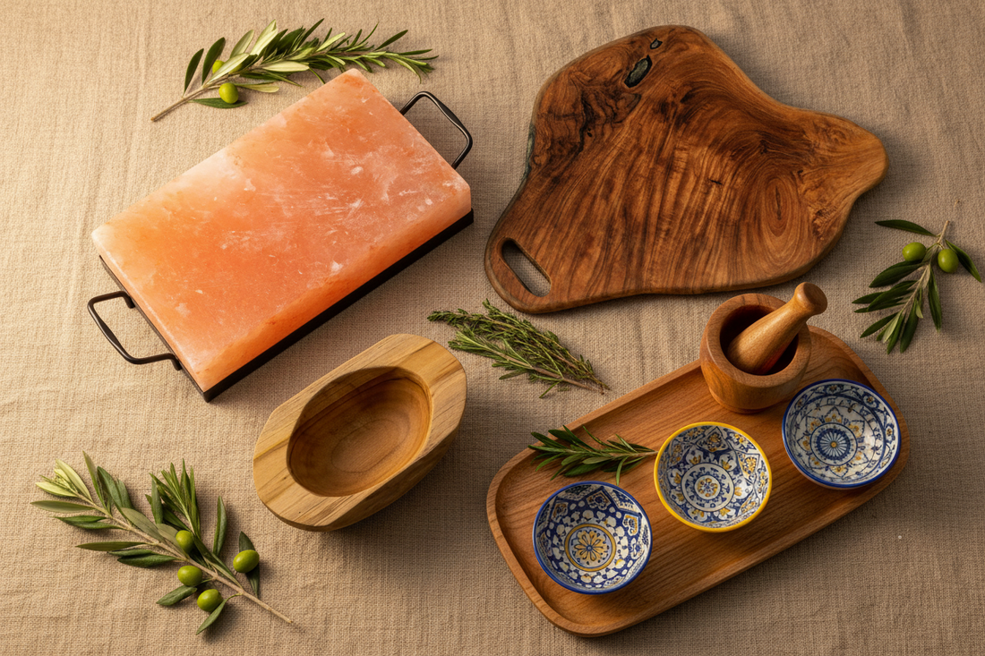 Himalayan salt BBQ cooking plate on black metal tray, mango wood serving tray with Mediterranean tile bowls, and natural teak wood bowl — handcrafted eco-friendly kitchen accessories
