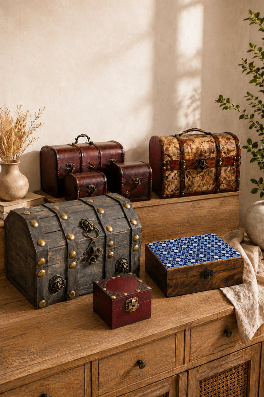 Handcrafted wooden chests and decorative boxes styled on a rustic sideboard – including gothic treasure chest, classic chest set, vintage map chest and ceramic blue stars box – WoodenLandia