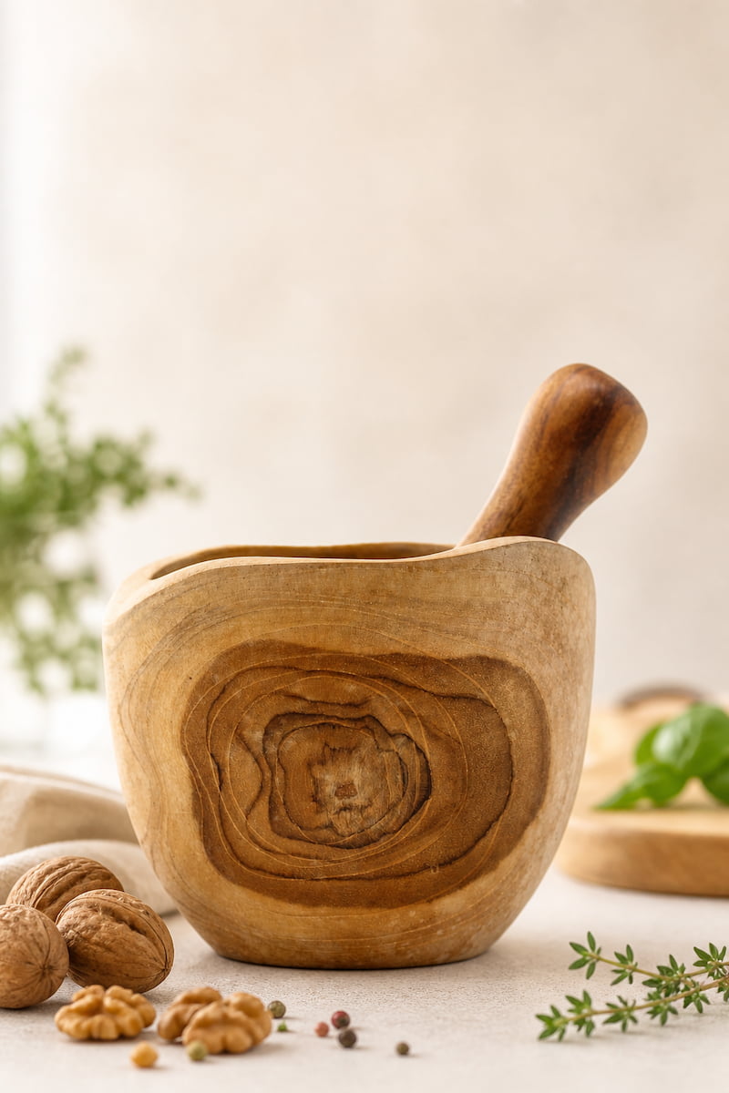 Handcrafted teak mortar and pestle with natural wood grain, surrounded by walnuts and fresh herbs on a light background