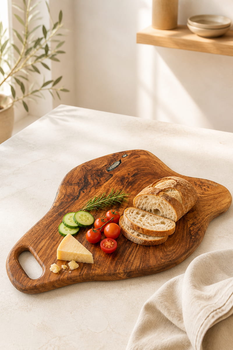 Handcrafted teak cutting boards – organic shape, bunny and pineapple design – with bread and knife on wooden kitchen table | WoodenLandia