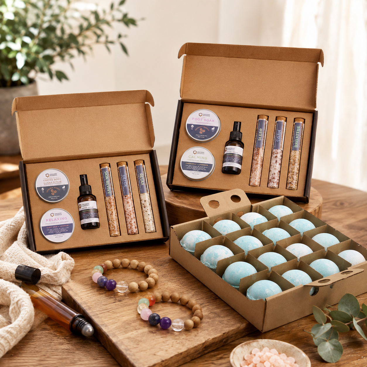 Premium gift ideas collection with Serenity Essential Self Care Kit, Mindful Moments Self Care Kit, cedarwood chakra bangles and Five for Him Bath Bomb on a warm wooden gift table