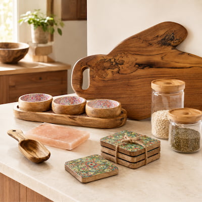 Premium Küchenaccessoires aus Holz mit Teak-Schneidebrettern, Serviertabletts, Holzschalen, Vorratsgläsern mit Bambusdeckel, Untersetzern und Himalaya-Salz-Kochplatte in warmer moderner Küche.