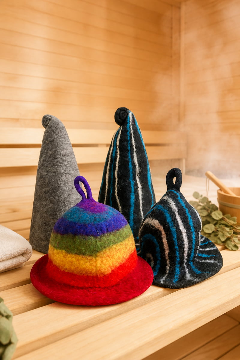 Natural wool and felt sauna hats collection – grey, black-blue striped and multicolor styles on wooden sauna bench | WoodenLandia