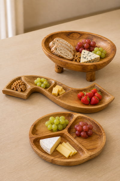 Handcrafted teak serving boards and bowls arranged on a wooden table for cheese and fruit presentation | Woodenlandia