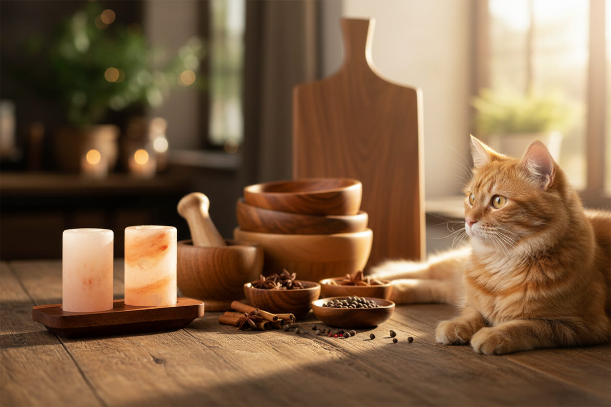 Wooden kitchen accessories with Himalayan salt shot glasses and ginger cat — WoodenLandia natural home decor