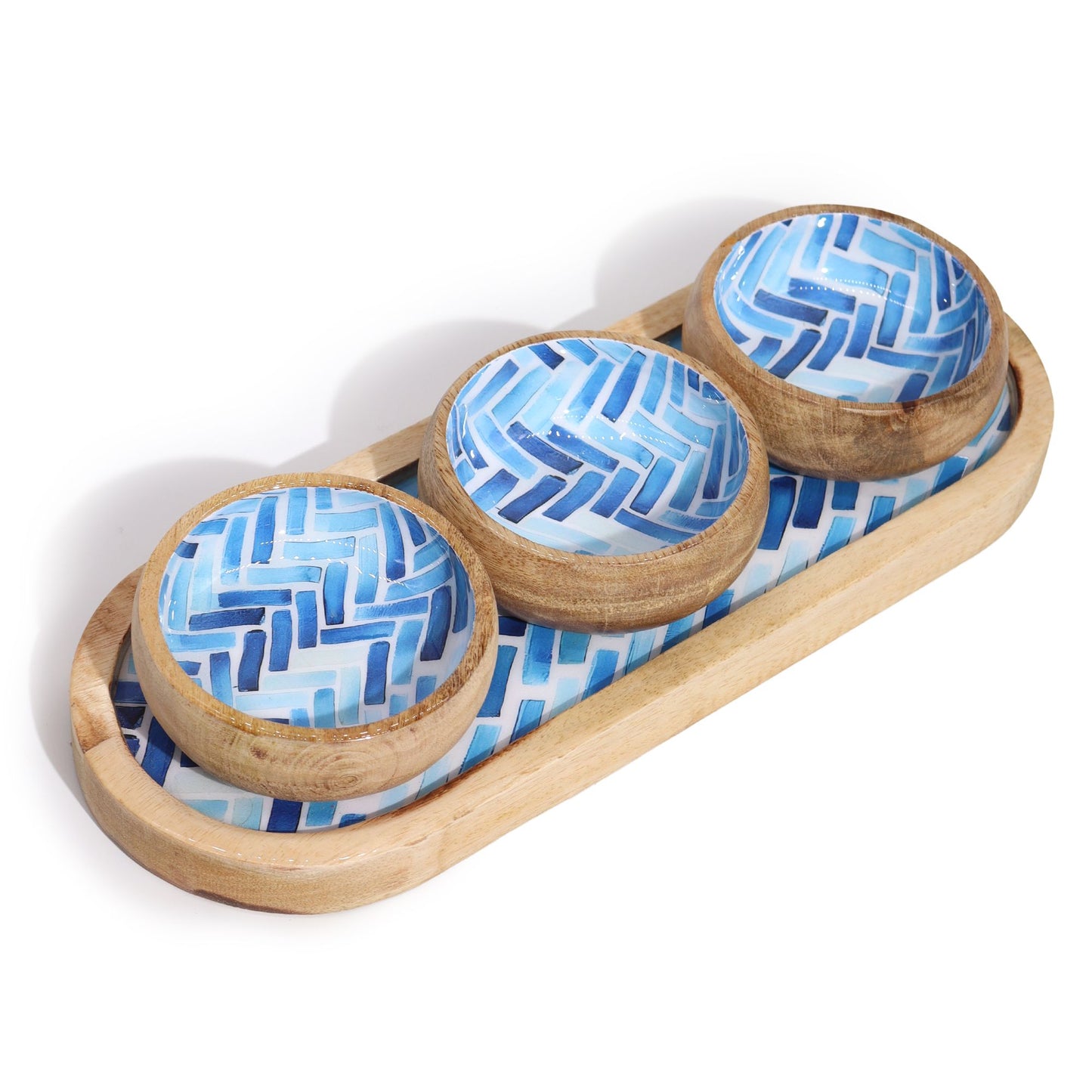 Mango wood serving tray with three blue striped bowls | WoodenLandia