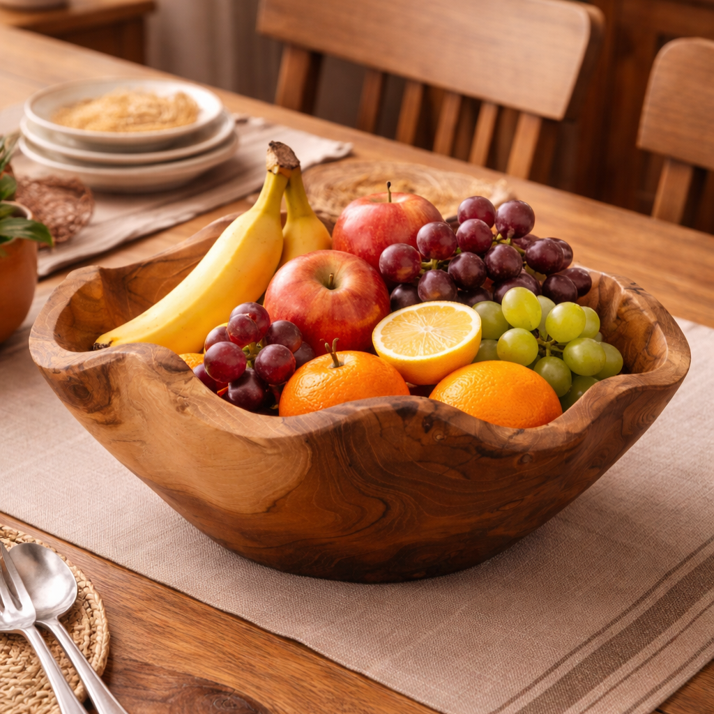 Large natural shape teakwood bowl with organic grain | WoodenLandia