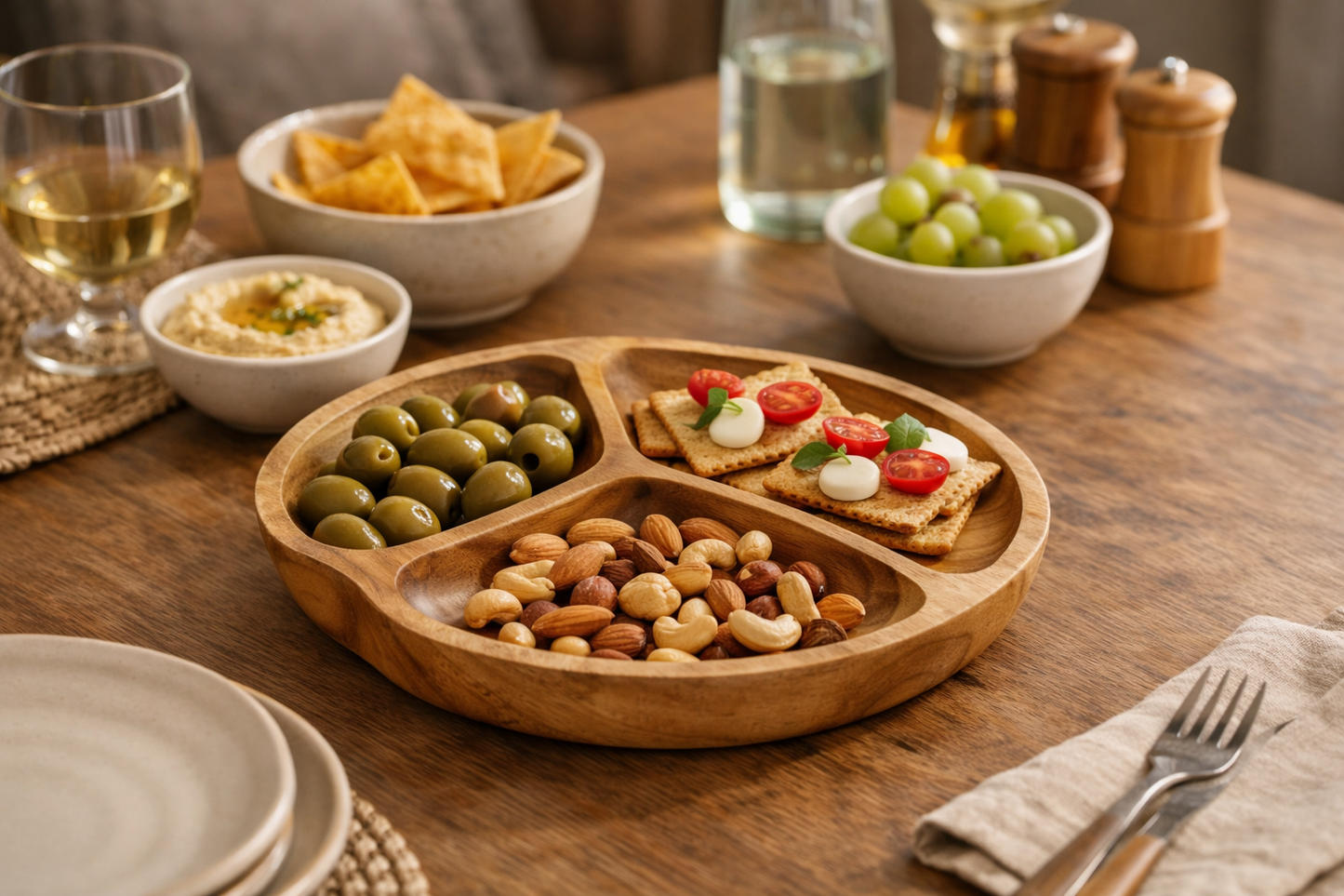 Teak wood fruit bowl with three divided sections for serving | WoodenLandia