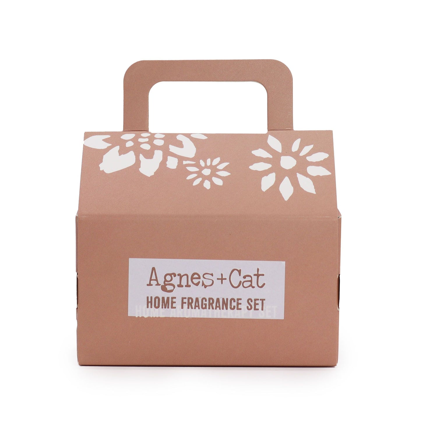 Agnes & Cat Moroccan fragrance gift set with 4 wax melts, white ceramic oil burner and tea light in a house-shaped box
