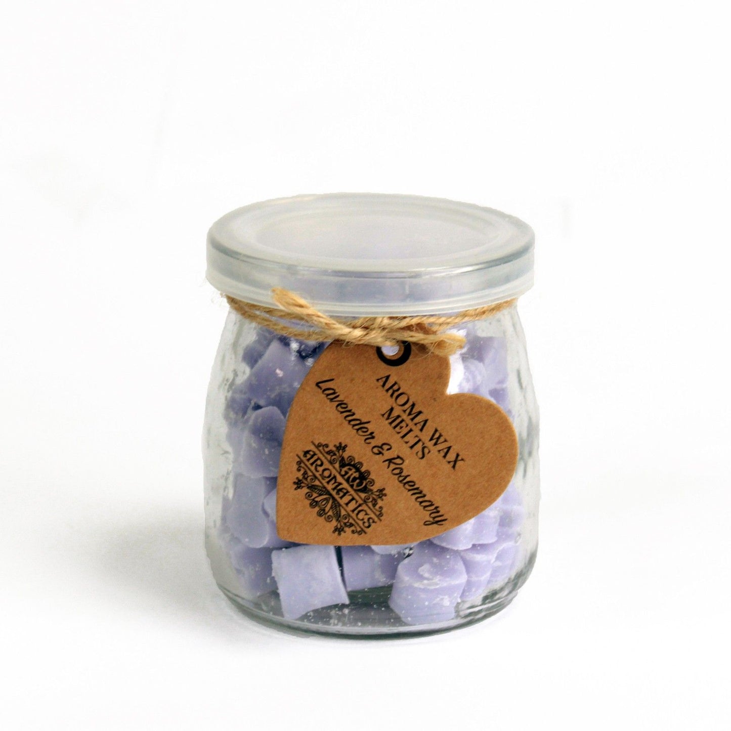Lavender and rosemary aroma wax melts in glass jar with soy wax hearts