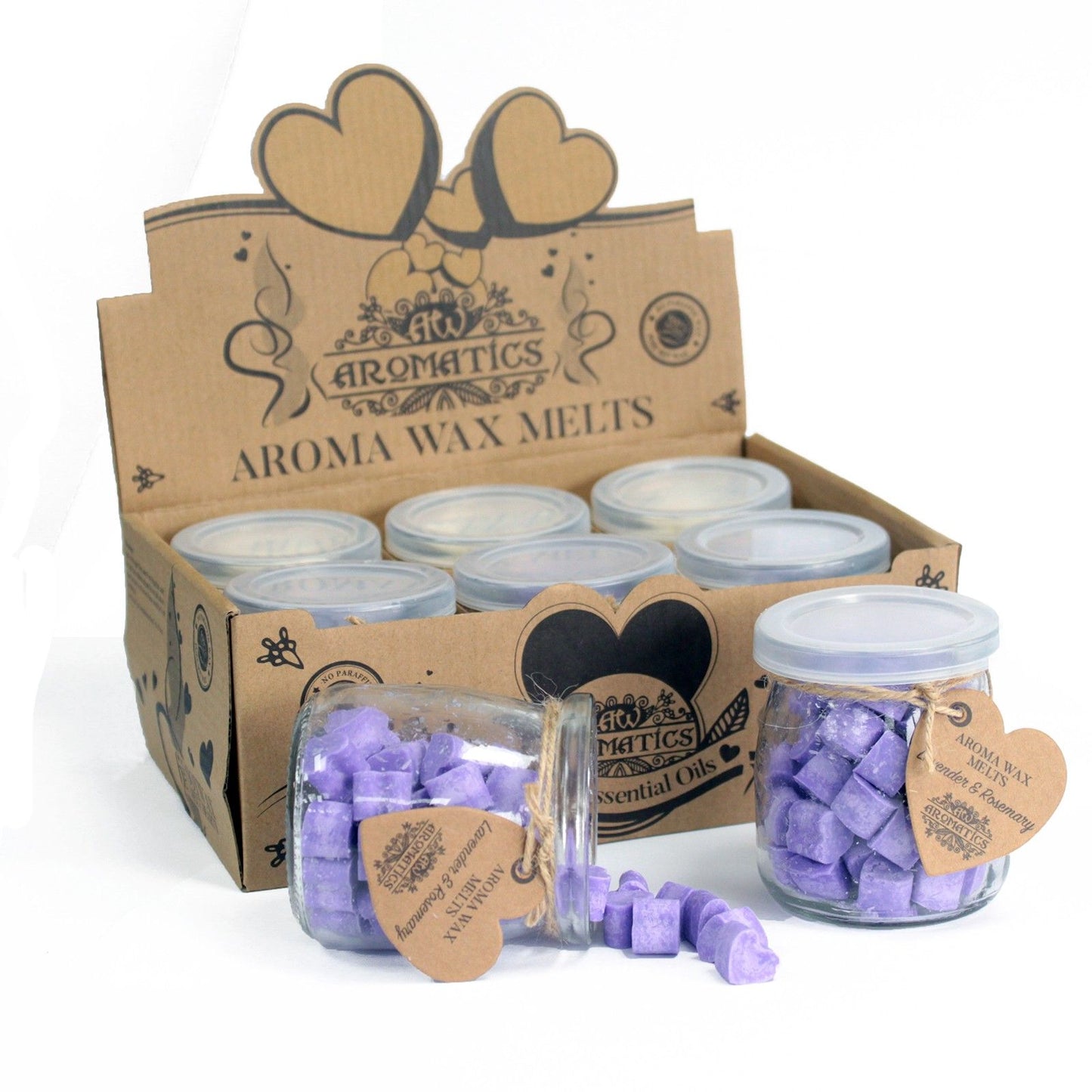 Lavender and rosemary aroma wax melts in glass jar with soy wax hearts