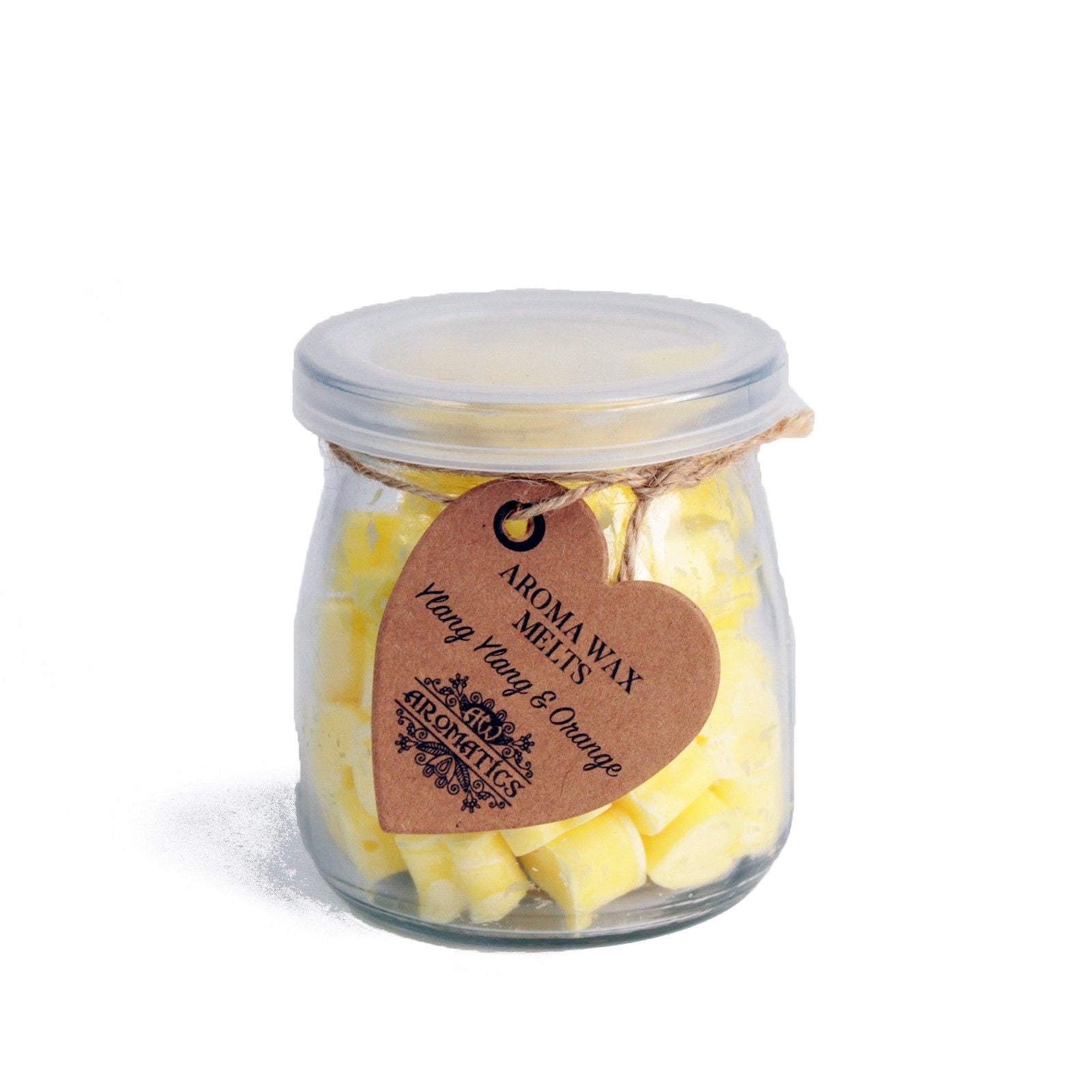 Nutmeg and lemon aroma wax melts in glass jar with soy wax hearts
