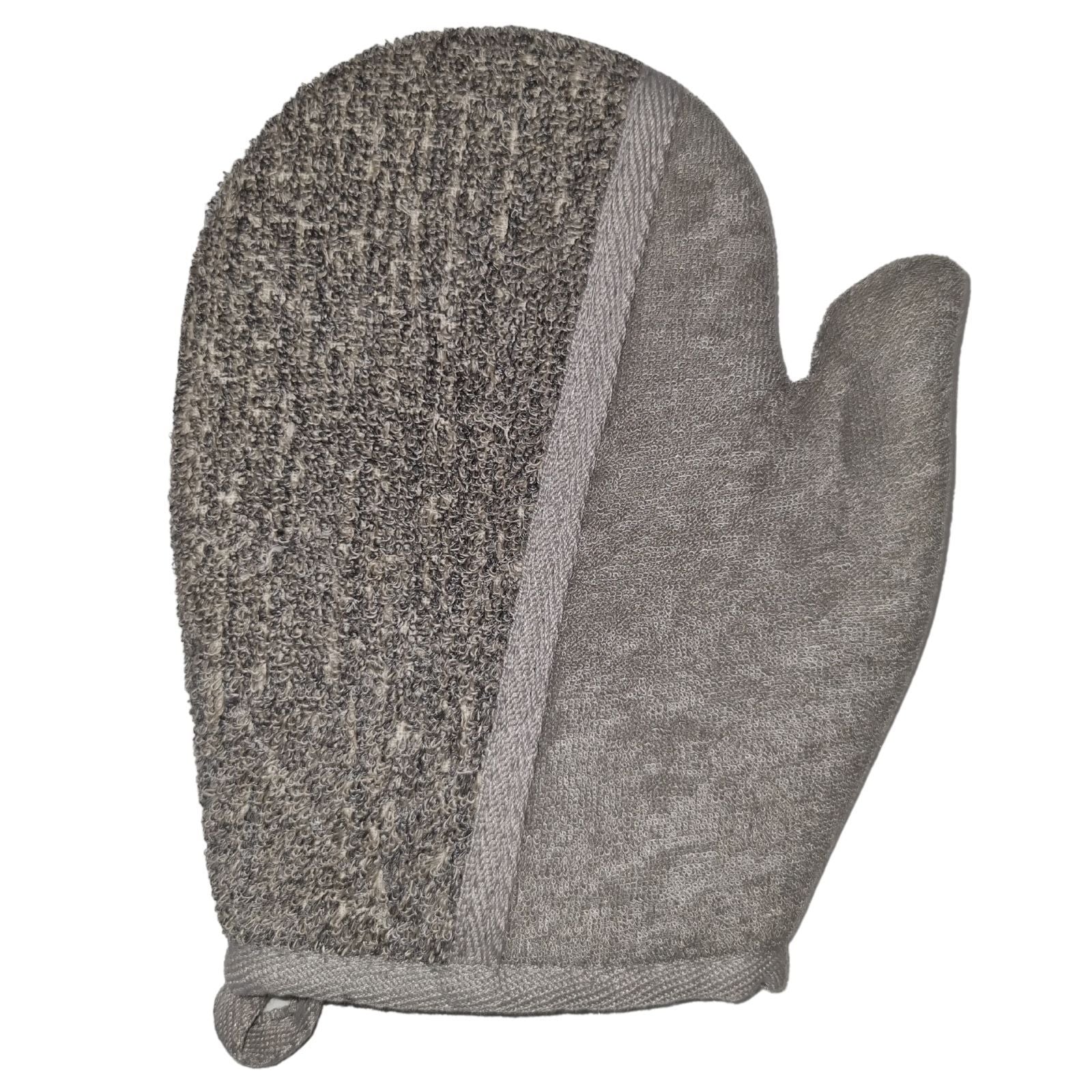 Bamboo and linen bath glove in charcoal – dual-sided exfoliating mitt with textured bamboo and soft linen | WoodenLandia
