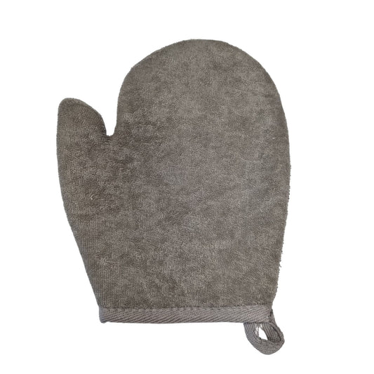 Bamboo and linen bath glove in charcoal – dual-sided exfoliating mitt with textured bamboo and soft linen | WoodenLandia
