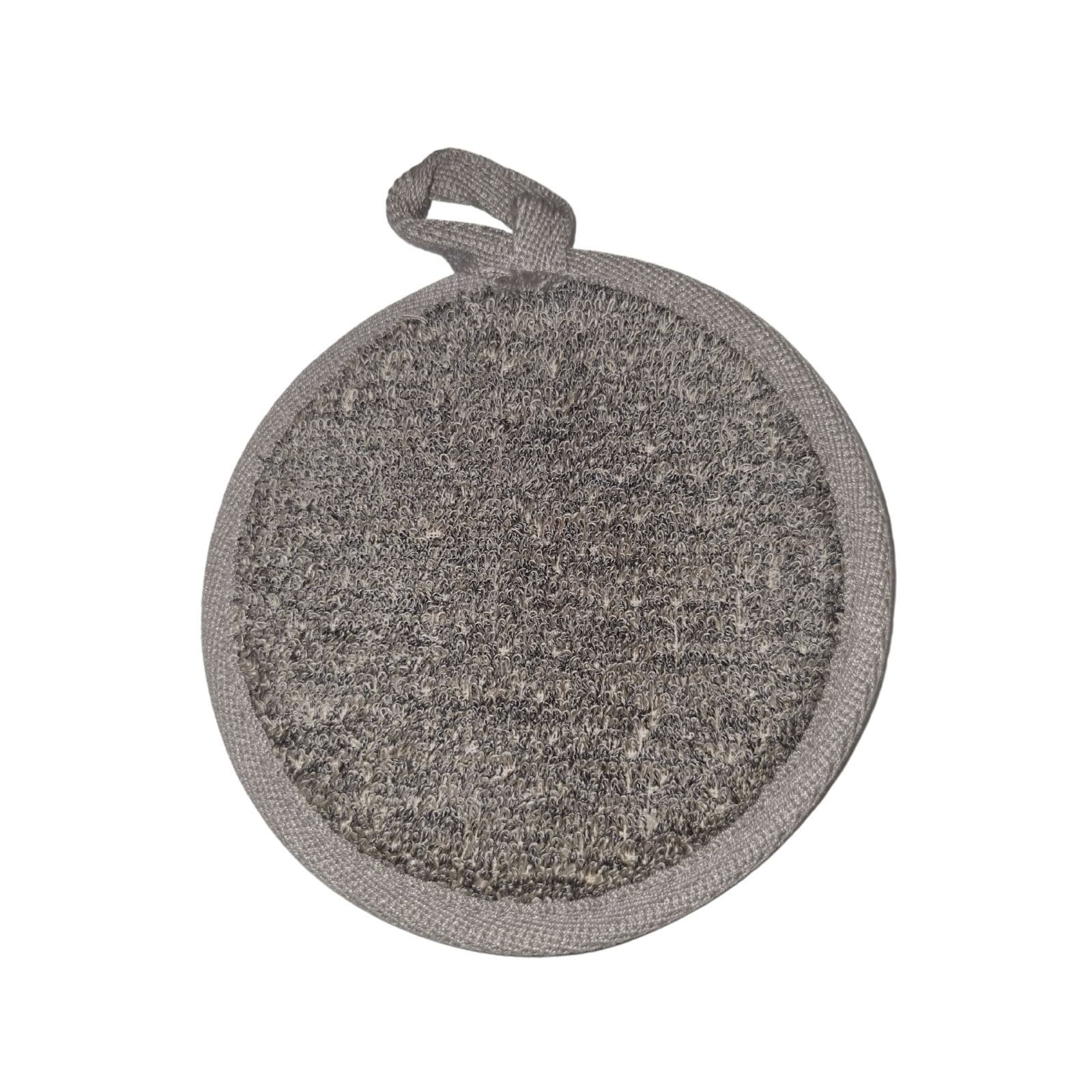 Round bamboo and linen bath pad in charcoal – natural exfoliating pad with elastic hand strap and hanging loop | WoodenLandia