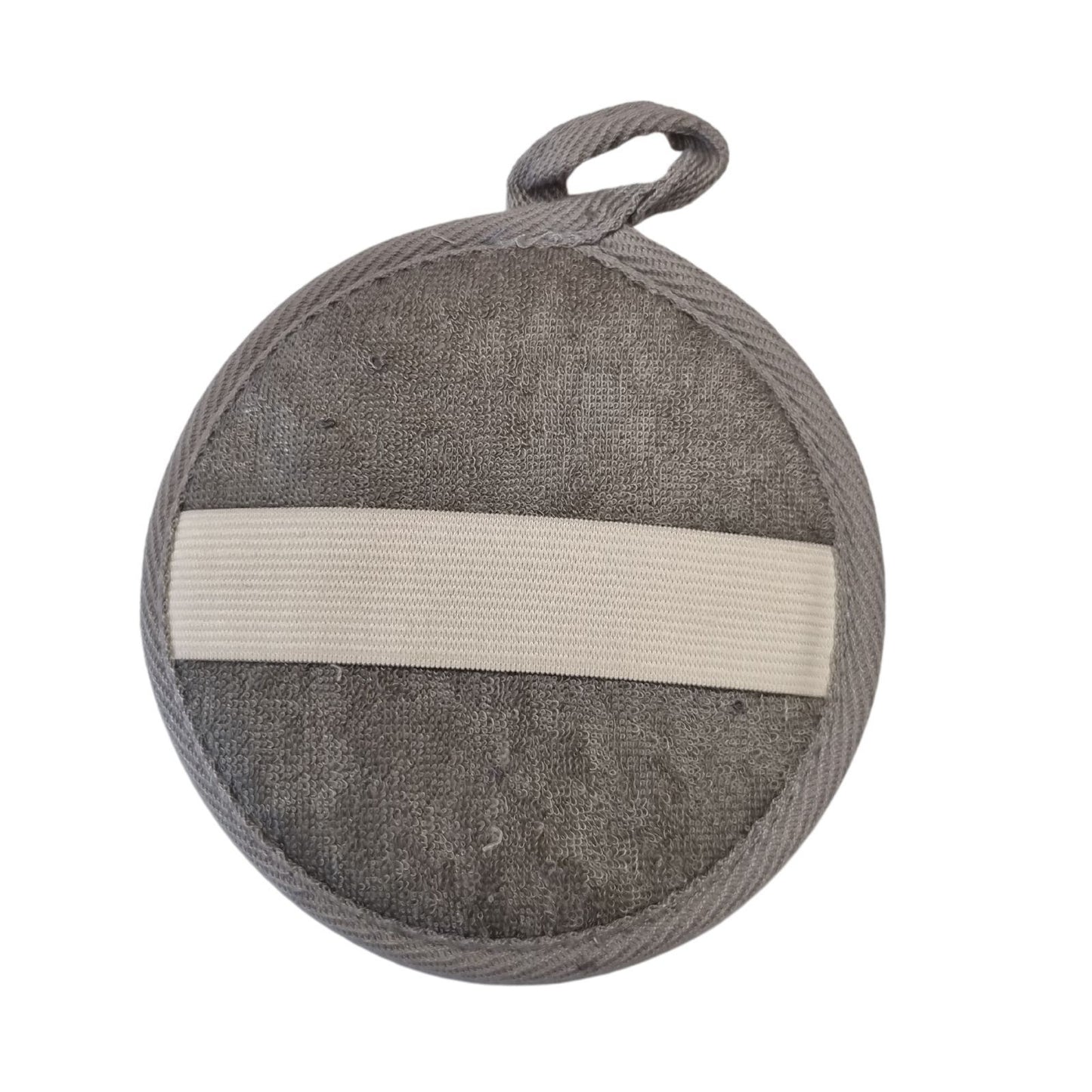 Round bamboo and linen bath pad in charcoal – natural exfoliating pad with elastic hand strap and hanging loop | WoodenLandia
