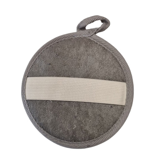 Round bamboo and linen bath pad in charcoal – natural exfoliating pad with elastic hand strap and hanging loop | WoodenLandia