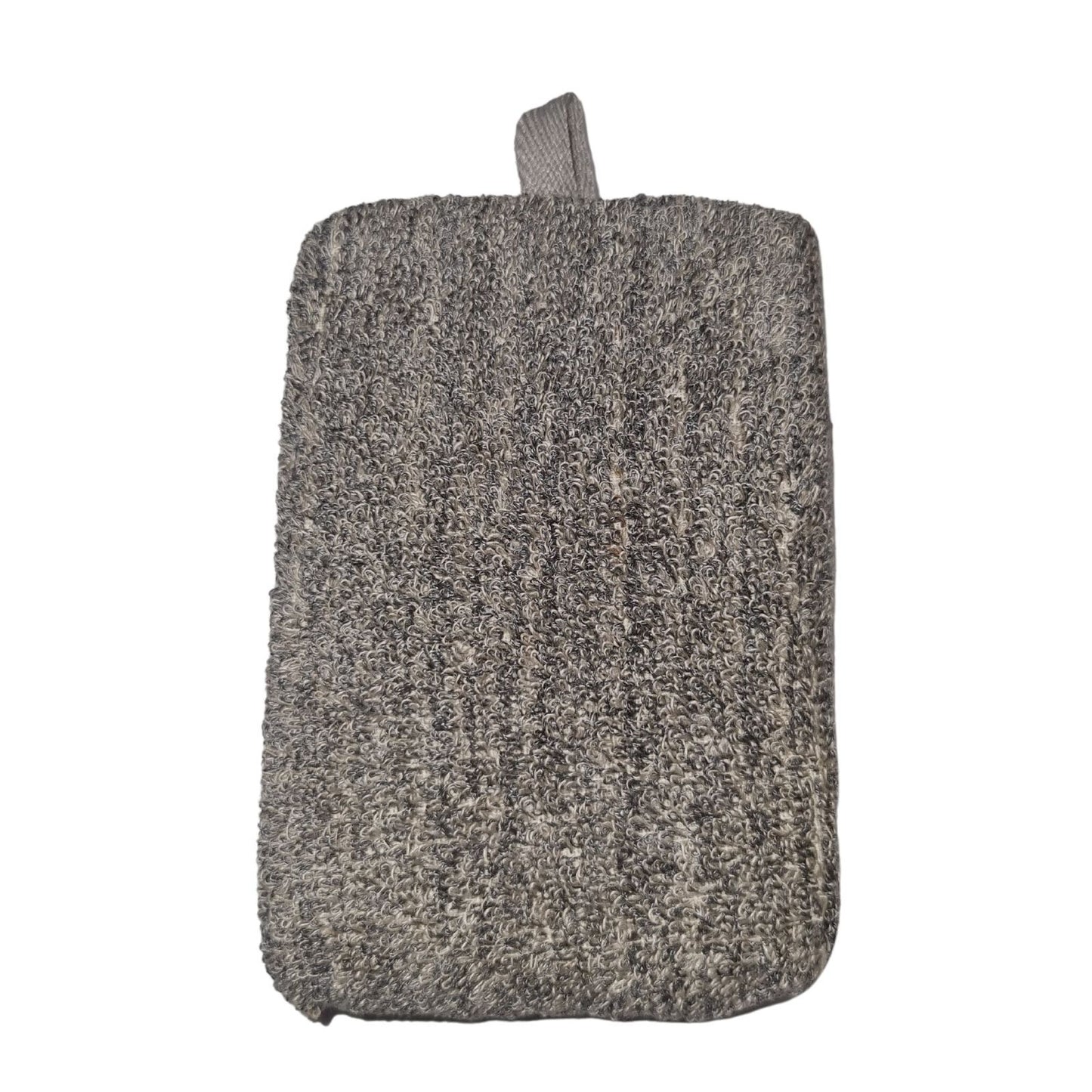 Bamboo and linen bath sponge in charcoal grey – dual-sided natural exfoliating sponge with hanging loop | WoodenLandia