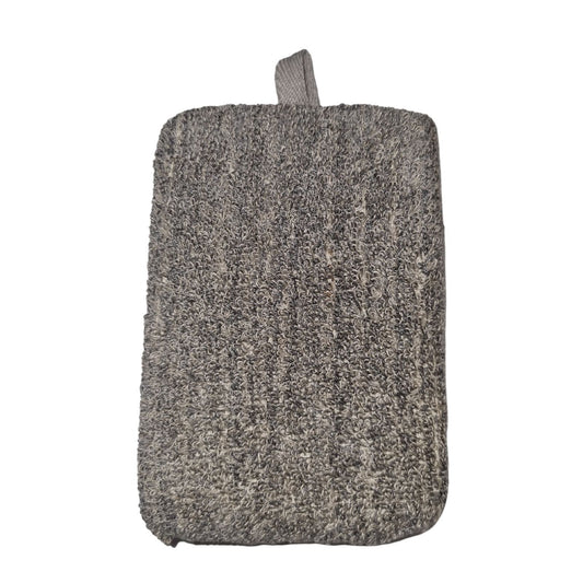 Bamboo and linen bath sponge in charcoal grey – dual-sided natural exfoliating sponge with hanging loop | WoodenLandia