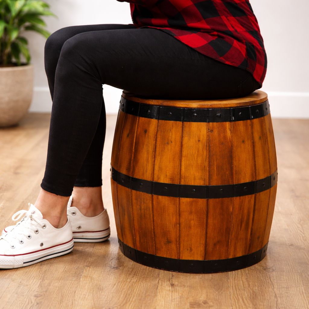 Beer barrel stool in natural wood finish