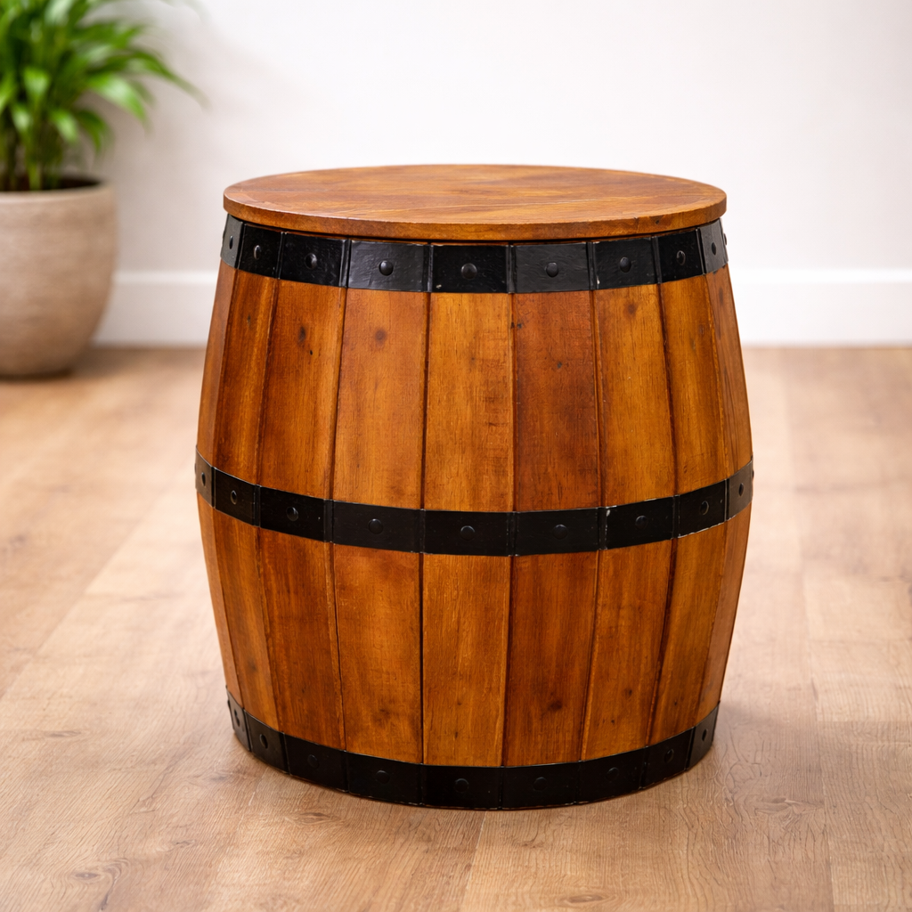 Beer barrel stool in natural wood finish